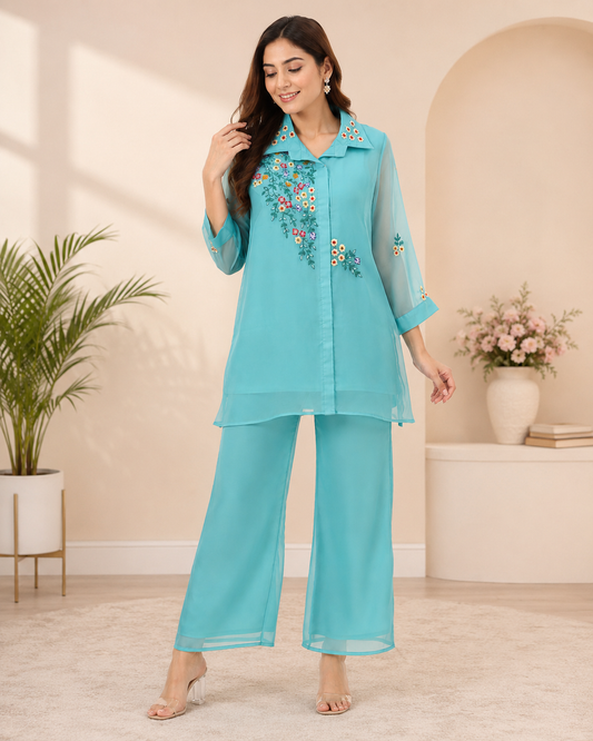 Organza Embroidered Co-Ord Set with Silk Bottom