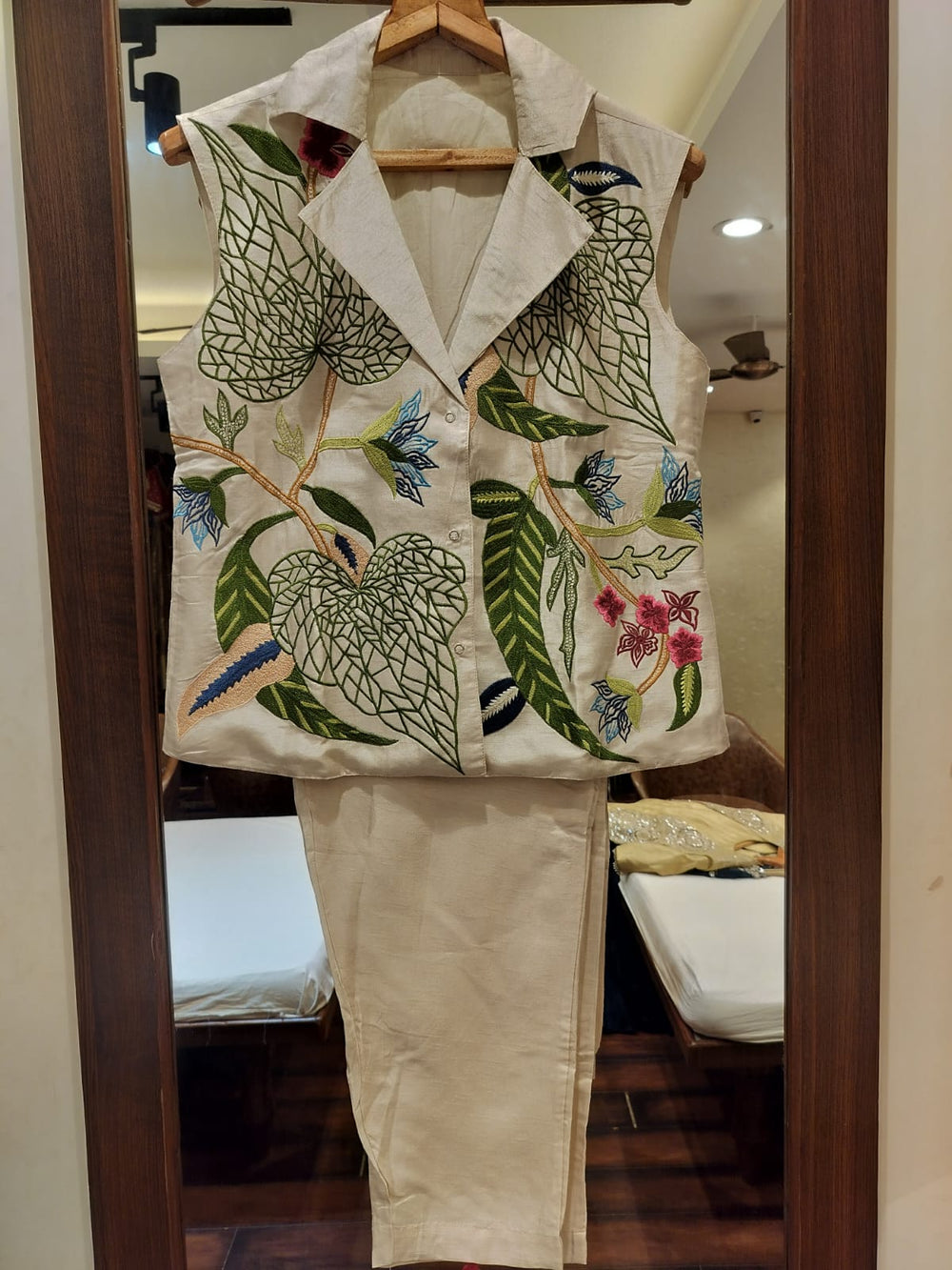 Women's Beige Dola Silk Botanical Print Co-Ord Set | Sleeveless Waistcoat & Pant | Premium Designer Wear