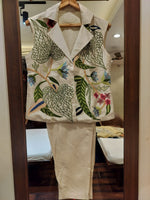 Women's Beige Dola Silk Botanical Print Co-Ord Set | Sleeveless Waistcoat & Pant | Premium Designer Wear