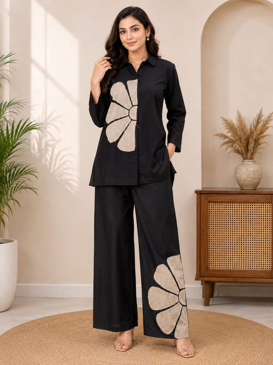 Women's Black Cotton Co-Ord Set with Floral Appliqué Work | Casual & Party Wear