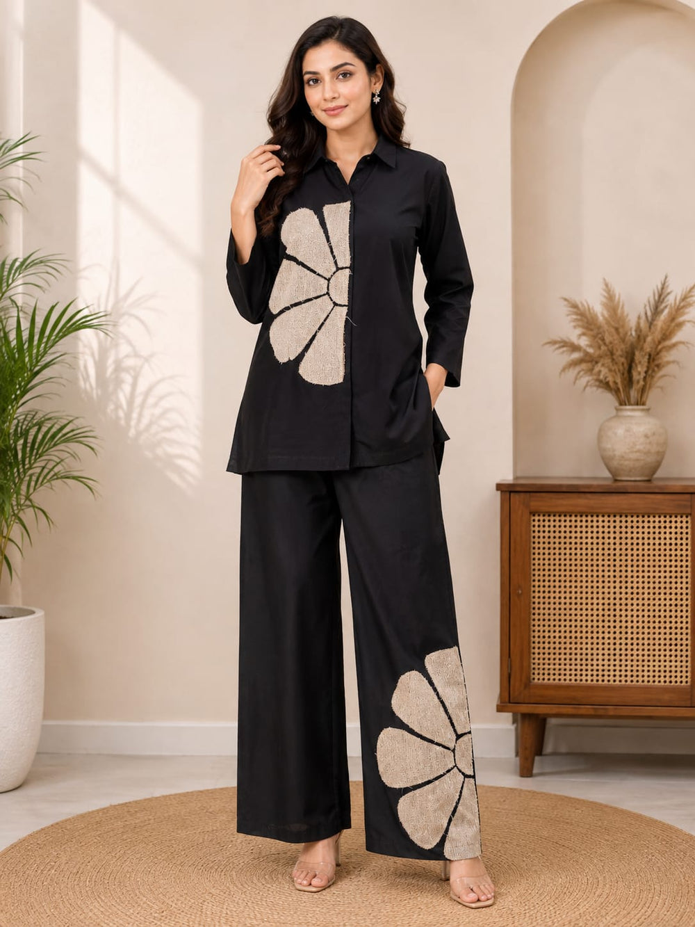 Women's Black Cotton Co-Ord Set with Floral Appliqué Work | Casual & Party Wear
