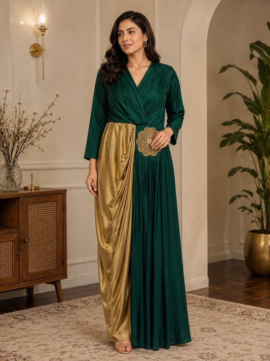 Women's Designer Gown with Kardana & Golden Beads Flower Work | Party Wear Indowester Gown