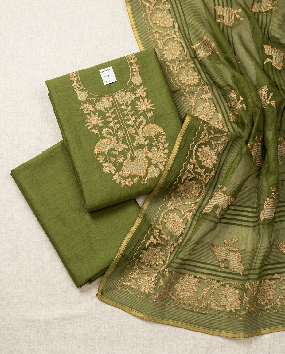 Mal Chanderi 3 Piece Suit Set with Appliqué Work, Siyan Appliqué Buta & Taffeta Bottom