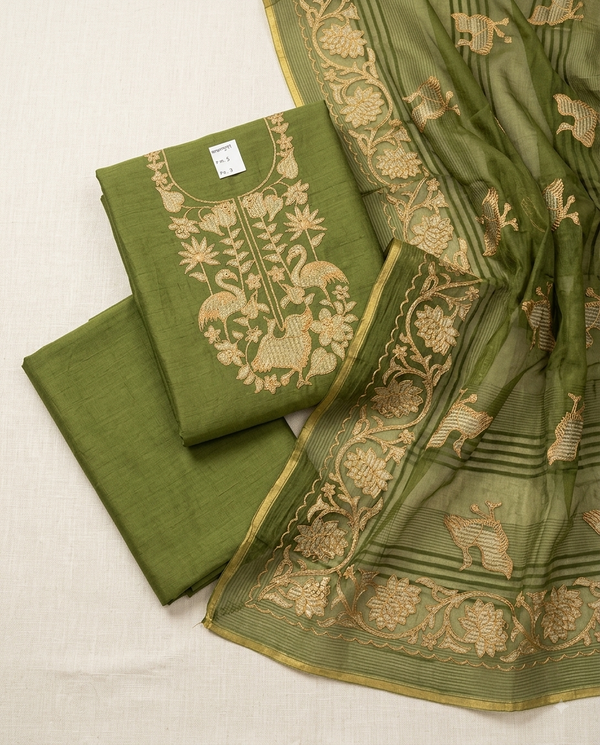 Mal Chanderi 3 Piece Suit Set with Appliqué Work, Siyan Appliqué Buta & Taffeta Bottom
