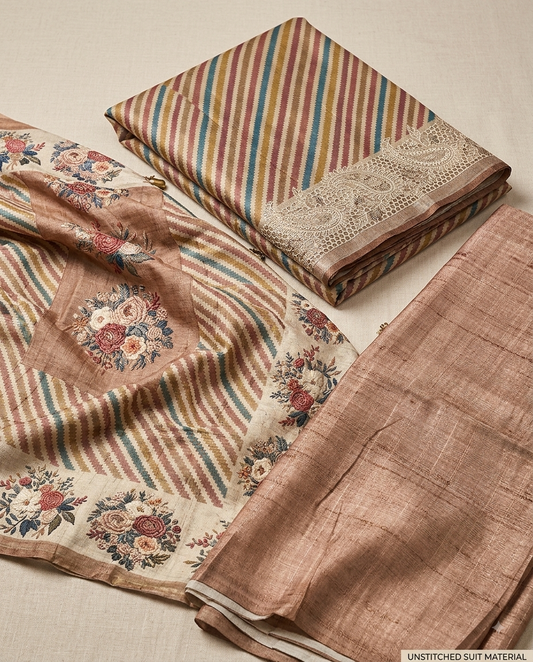 Art Tusser Silk Printed Top With Resham Emroidery - Colurfull Leheriya Style