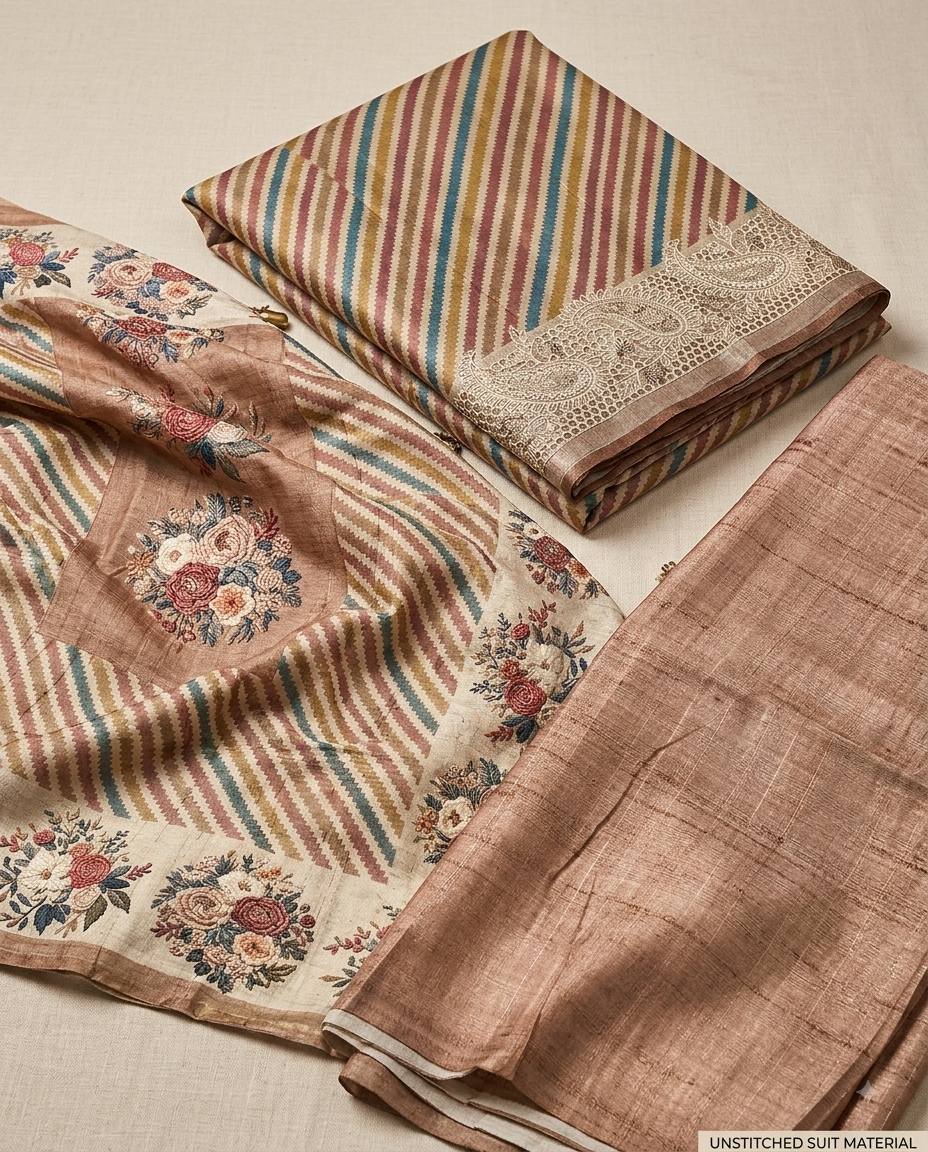 Art Tusser Silk Printed Top With Resham Emroidery - Colurfull Leheriya Style